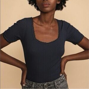 Rouje Dark Blue Ribbed Short Sleeve Top, US 0
